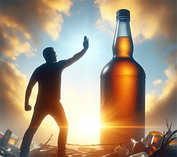 Voici une image qui illustre de manière symbolique la décision d'arrêter la consommation d'alcool, capturant un moment d'autonomisation et d'espoir pour un avenir plus sain.