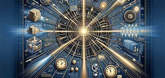 Ce diagramme met en lumière un ordinateur quantique futuriste, symbolisé au centre, d'où émanent plusieurs trajectoires. Chaque chemin représente une tâche différente résolue de manière exponentiellement plus rapide grâce à ces algorithmes avancés. Des éléments visuels comme des flux de code binaire, des horloges indiquant une accélération du temps, et des symboles mathématiques illustrent la vitesse et l'efficacité de ces procédés. Les chemins se dirigent vers des solutions, symbolisées par des ampoules ou des coffres au trésor, démontrant l'impact considérable de ces algorithmes sur la résolution de problèmes complexes.