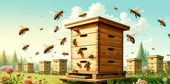 Voici une illustration panoramique réaliste d'une ruche et des abeilles. La scène montre une ruche en bois traditionnelle dans un jardin verdoyant, entourée de fleurs variées. Les abeilles volent autour de la ruche, collectent le nectar des fleurs et entrent et sortent de la ruche. J'espère que cette illustration répond à vos attentes et capture la beauté et la complexité de la vie des abeilles.