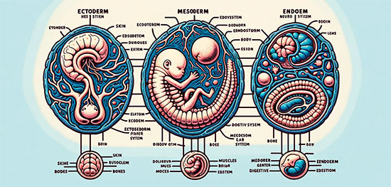 voicei un schéma panoramique simplifié qui illustre les rôles de base des feuillets embryonnaires dans le développement d'un organisme. Cette visualisation présente de manière directe chaque couche et les structures clés qu'elles permettent de développer.