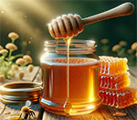 Voici une illustration photoréaliste de miel, capturant la richesse et la texture naturelle du miel dans un cadre authentique. J'espère que cette version vous convient mieux et met en valeur la beauté et la naturalité du produit.