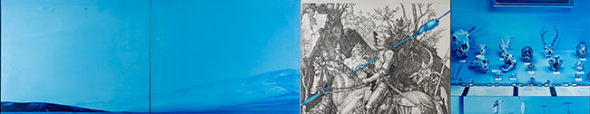 Jacques Monory, Death Valley n°1, 1974. Huile sur toile et toile sensibilisée (gravure Le Chevalier et la Mort, Albrecht Dürer), 170 x 490 cm. Photo Augustin de Valence. © Jacques Monory / Adagp Paris 2020.