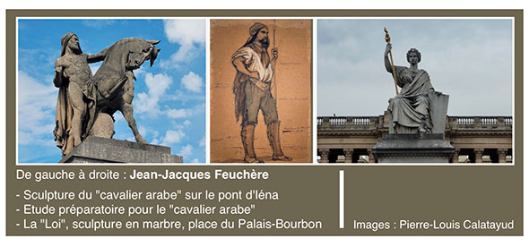 De gauche à droite : Jean-Jacques Feuchère  - Sculpture du "cavalier arabe" sur le pont d'Iéna - Etude préparatoire pour le "cavalier arabe" - La "Loi", sculpture en marbre, place du Palais-Bourbon