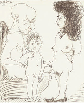 Pablo Picasso (1881-1973), Homme, femme et enfant 30.12.66, crayon de couleur sur papier, 54,5 x 45,5 cm, signé et daté en haut à gauche : Picasso 30.12.66, HELENE BAILLY GALLERY