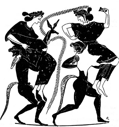 Silènes et Ménades (amphore hellène à figures noires, Sicile, vers 500-450 av. J.-C.)